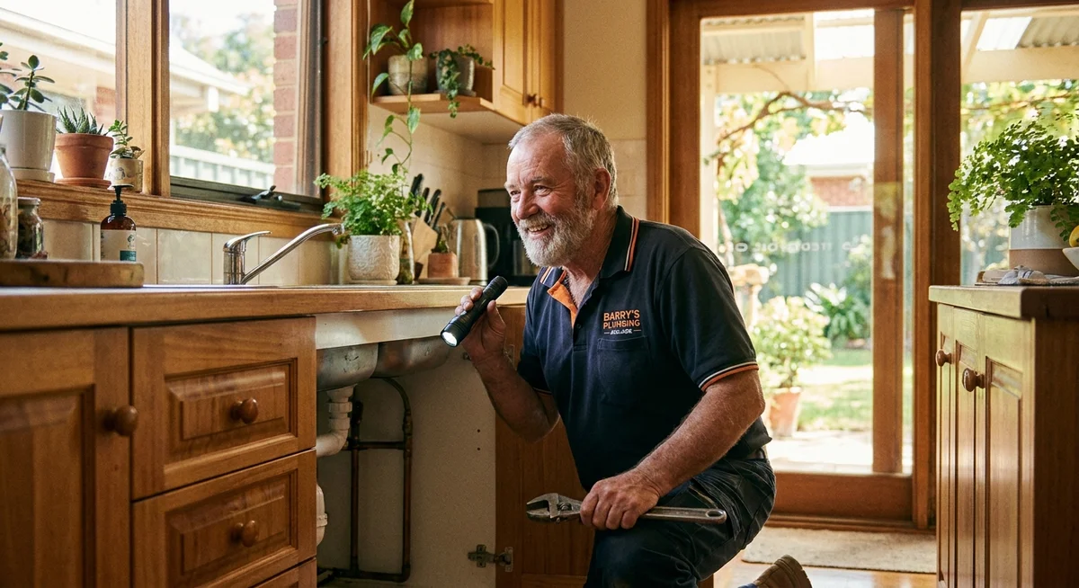 Plumber checking pipework under a sink