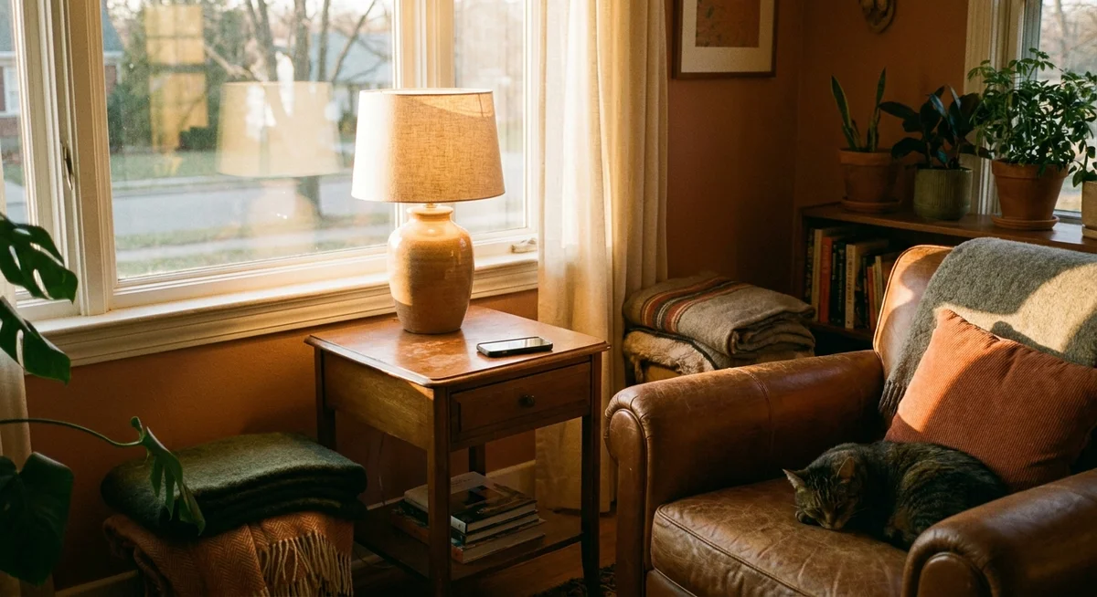 Warm room at golden hour with a phone nearby