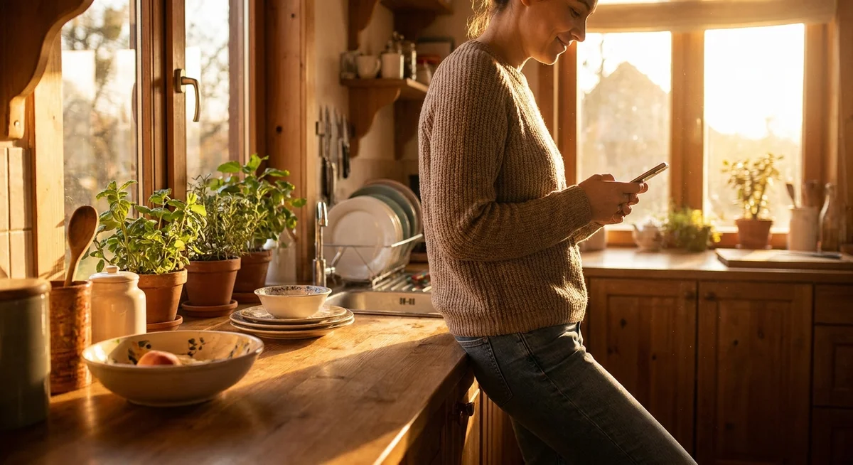 Person smiling softly at a phone in a warm kitchen