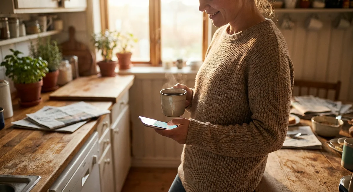Morning coffee with a phone in hand
