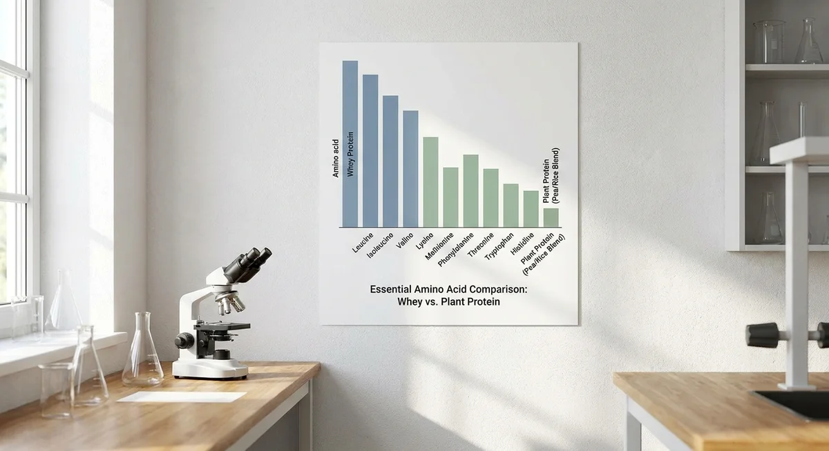 Bar chart comparing essential amino acid profiles of whey protein isolate and a plant protein source
