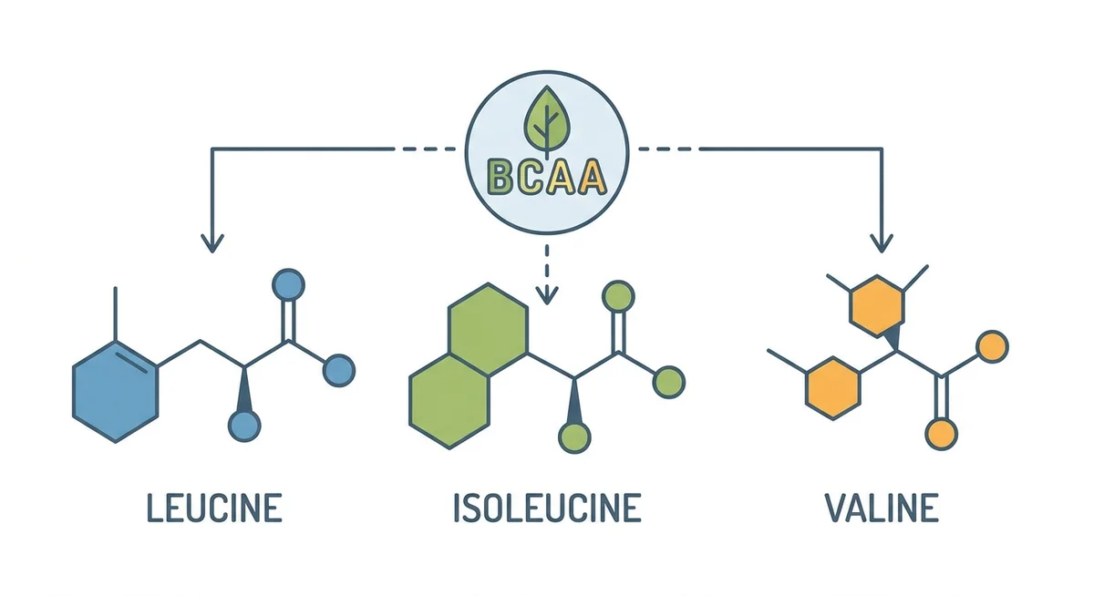 Diagram showing the three branched-chain amino acids: leucine, isoleucine, and valine
