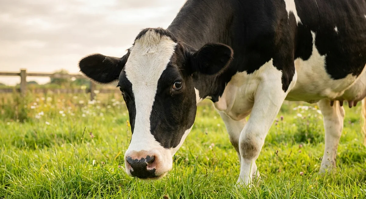 Dairy cow grazing on green pasture in a grass-fed system
