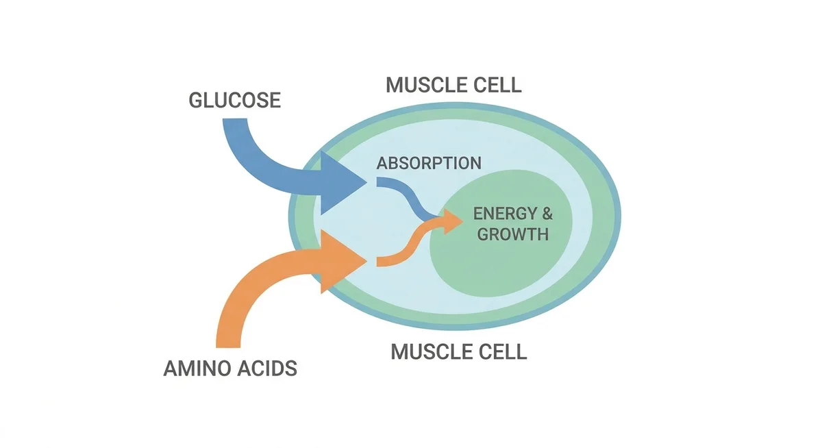 Diagram showing how insulin helps glucose and amino acids enter muscle cells after exercise