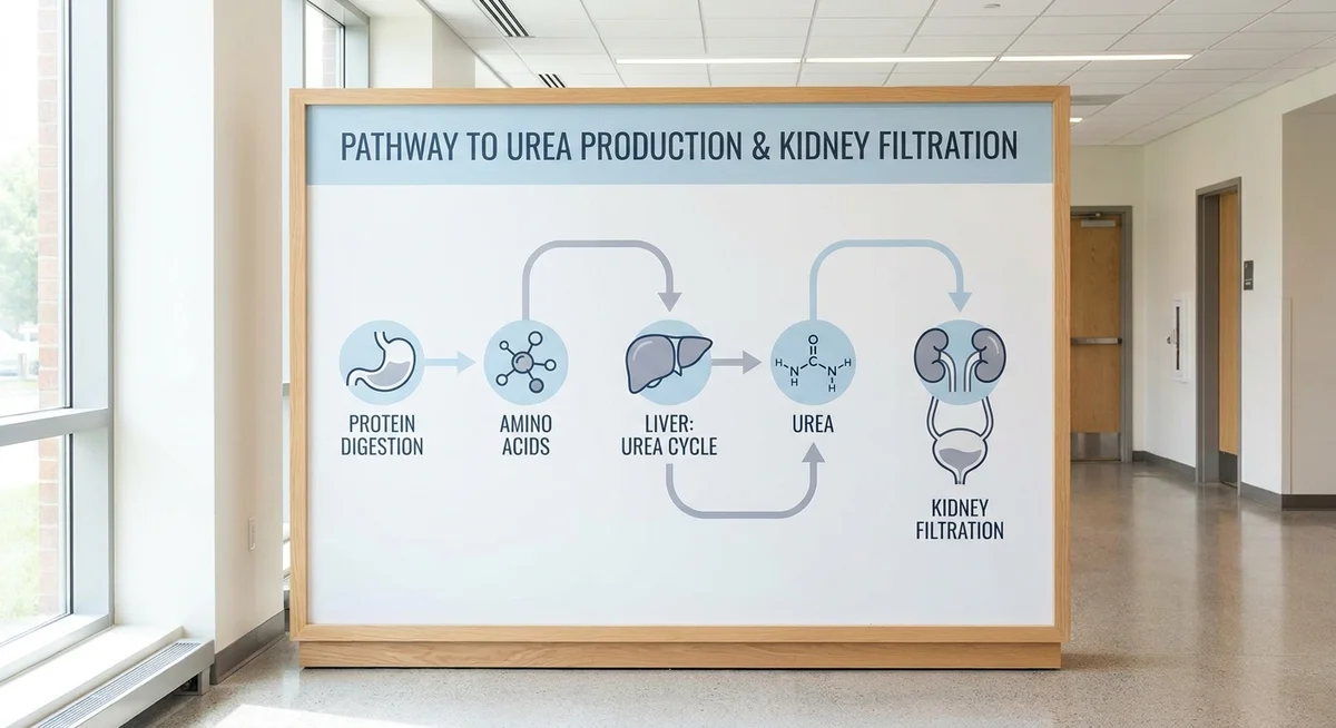 Diagram showing how protein digestion produces urea and how kidneys excrete it through urine, requiring adequate hydration