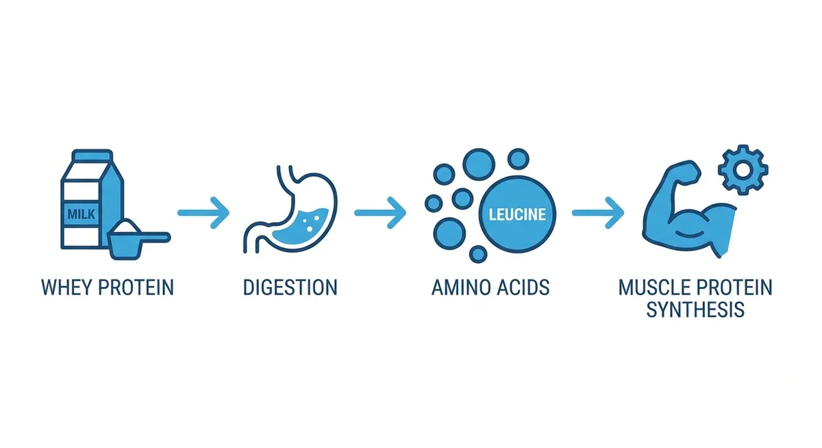 Diagram showing how leucine from whey protein activates muscle protein synthesis via the mTOR pathway