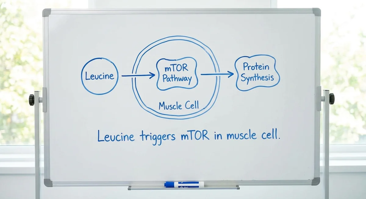 Diagram showing how leucine activates the mTOR pathway to trigger muscle protein synthesis