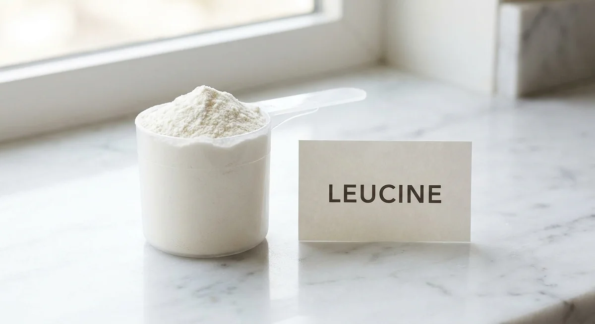 Scoop of WPI 90 protein powder illustrating leucine content per serve