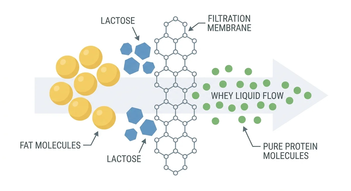 Diagram showing how microfiltration removes fat and lactose from whey to produce WPI 90