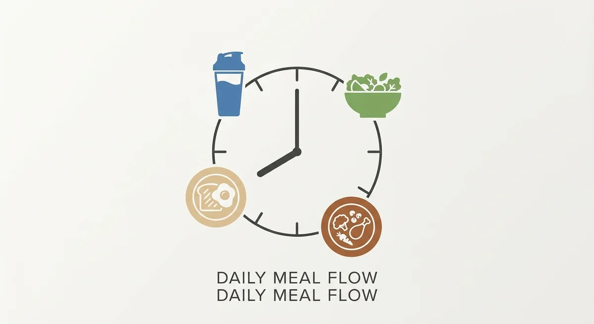 Illustration of protein meals spread across a full day to support muscle protein synthesis