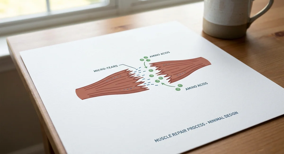 Illustration of how amino acids repair microscopic muscle fibre tears after training