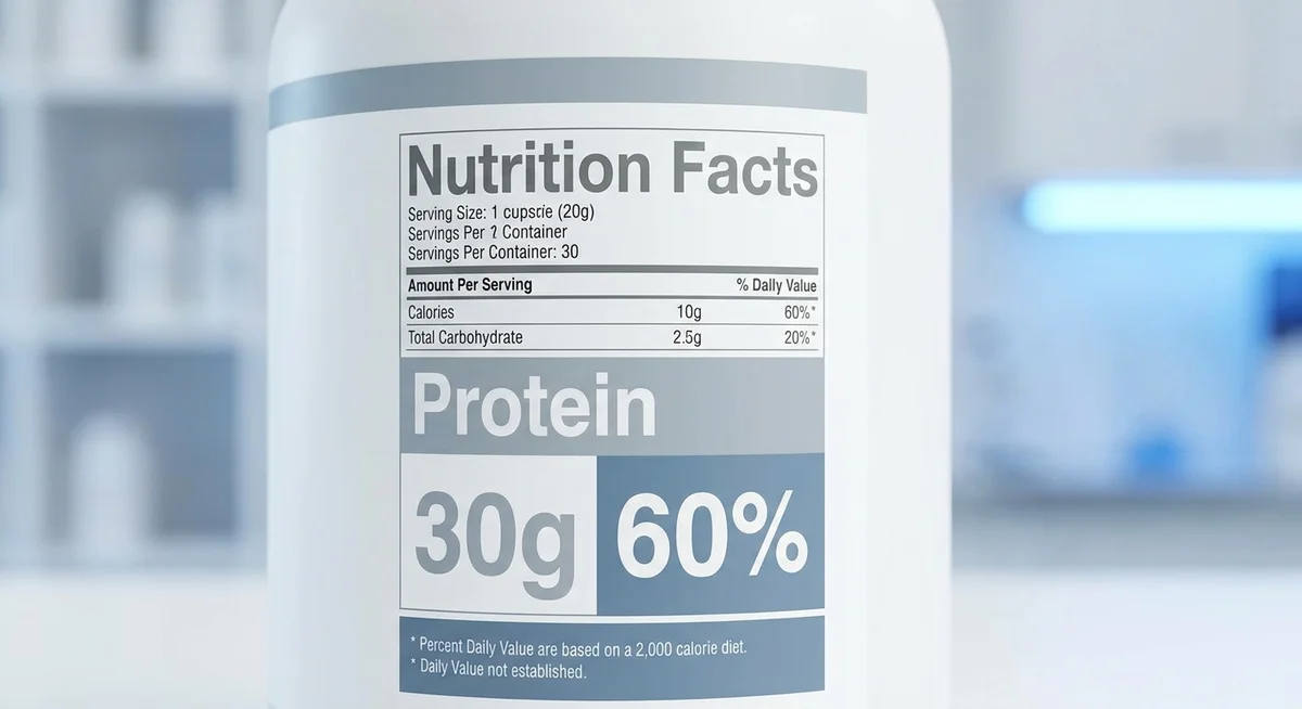 Close-up of a whey protein nutrition facts panel showing per-100g protein content