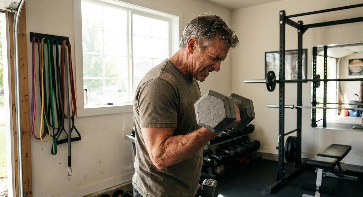 Person in their 50s doing resistance training with dumbbells to maintain muscle mass