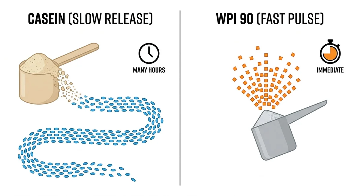 Diagram comparing the slow digestion rate of casein versus the fast absorption of WPI 90