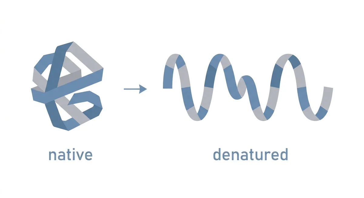Diagram comparing a native folded protein molecule to a denatured unfolded protein chain