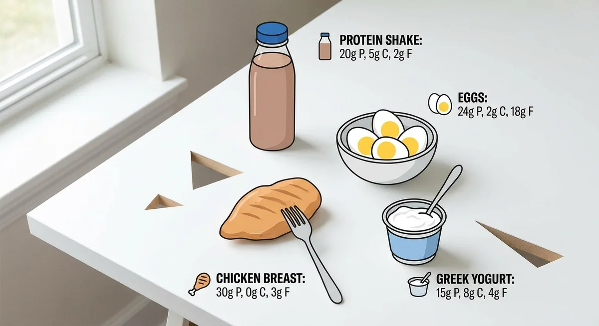 High-protein foods including WPI 90 shake, chicken, eggs and Greek yoghurt arranged on a white surface