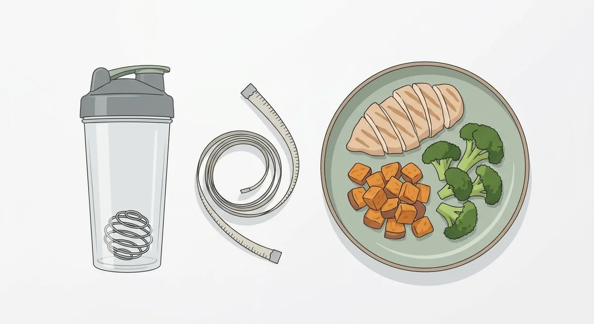 WPI 90 shaker bottle alongside a meal plate and measuring tape representing body composition goals