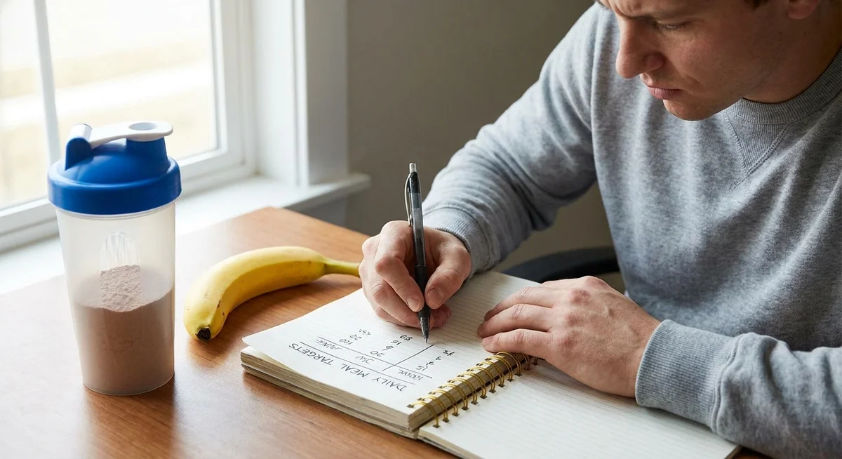 Person planning daily protein targets in a notebook alongside a protein shaker