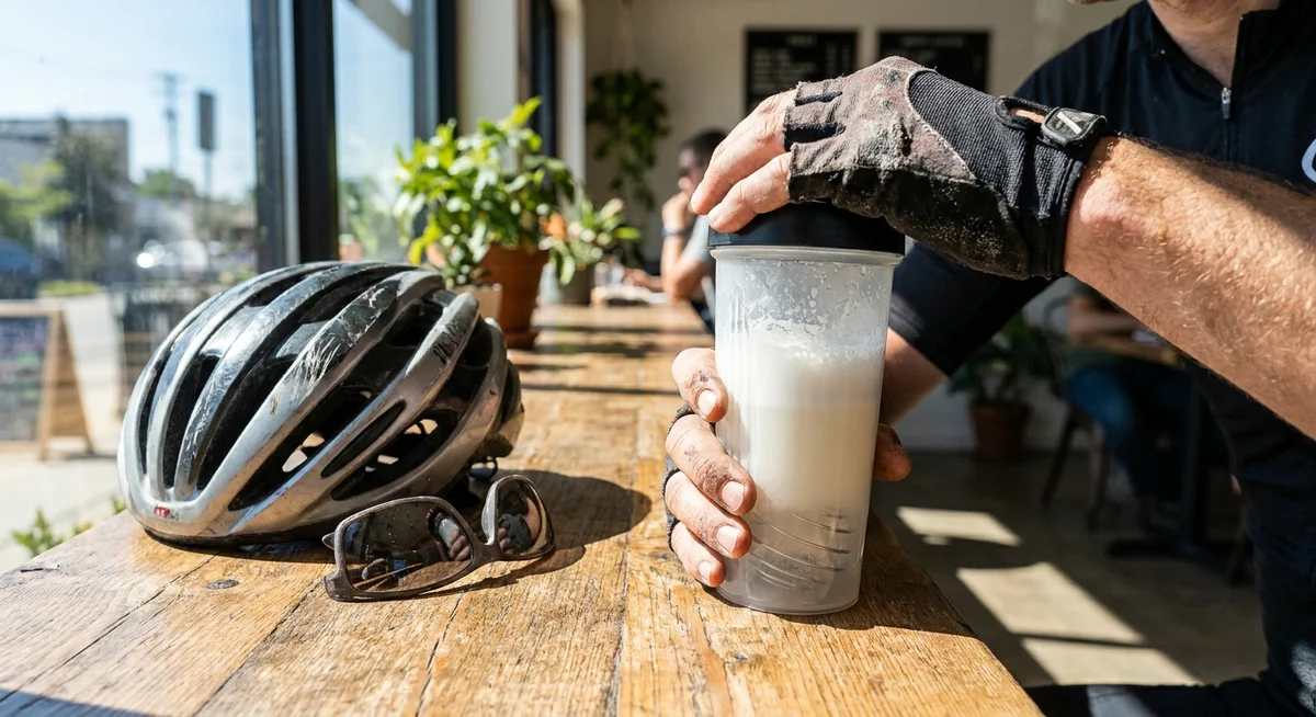 Cyclist holding a WPI 90 protein shake during post-ride recovery