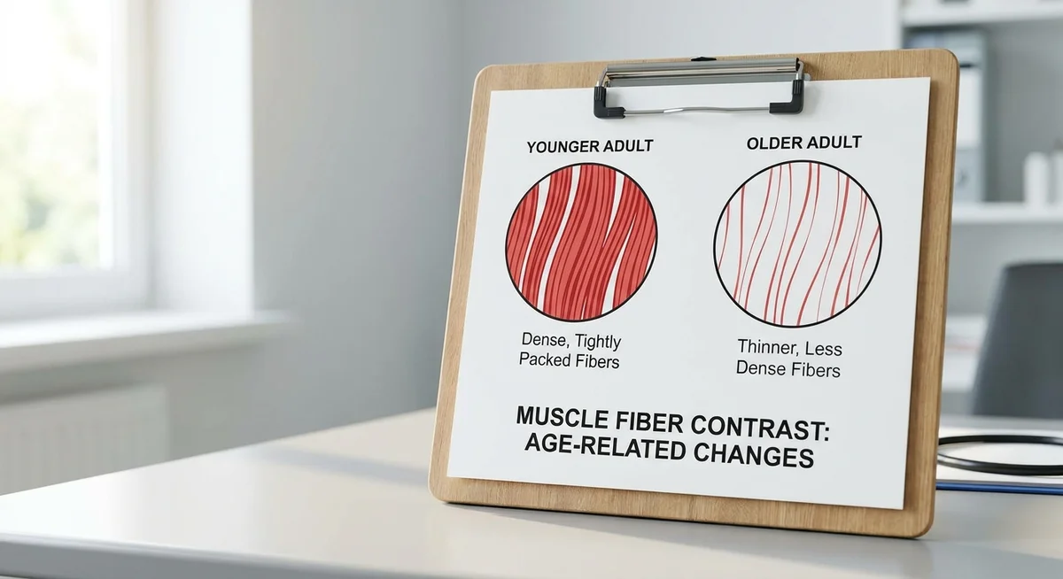 Illustration comparing muscle fiber density in younger versus older adults, showing age-related muscle loss