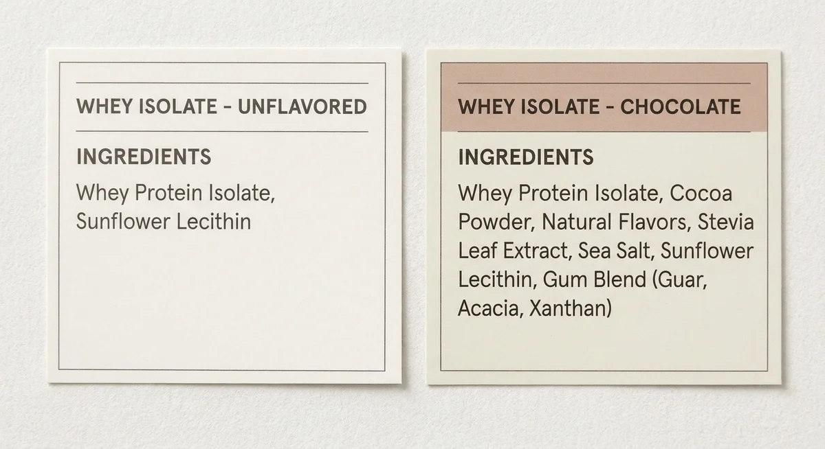 Comparison of ingredient lists on flavoured and unflavoured WPI 90 supplement labels