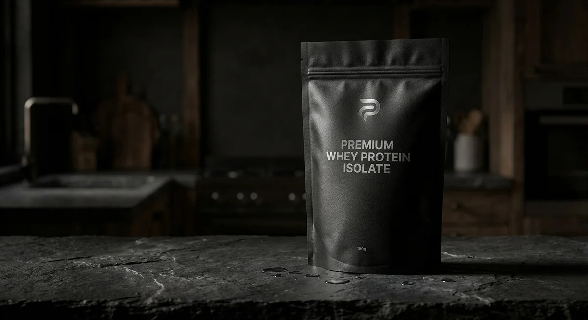 The Whey Co Premium WPI 90 matte black protein pouch on dark stone surface