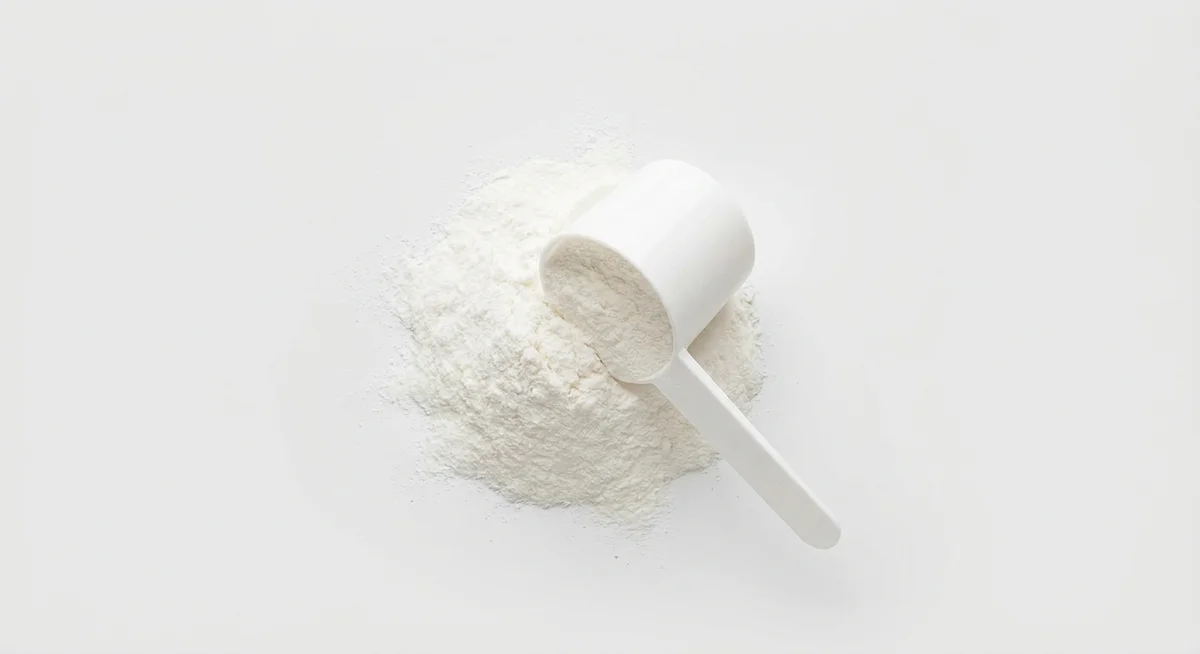 WPI 90 powder in a measuring scoop showing fine texture of cross-flow microfiltered whey protein isolate