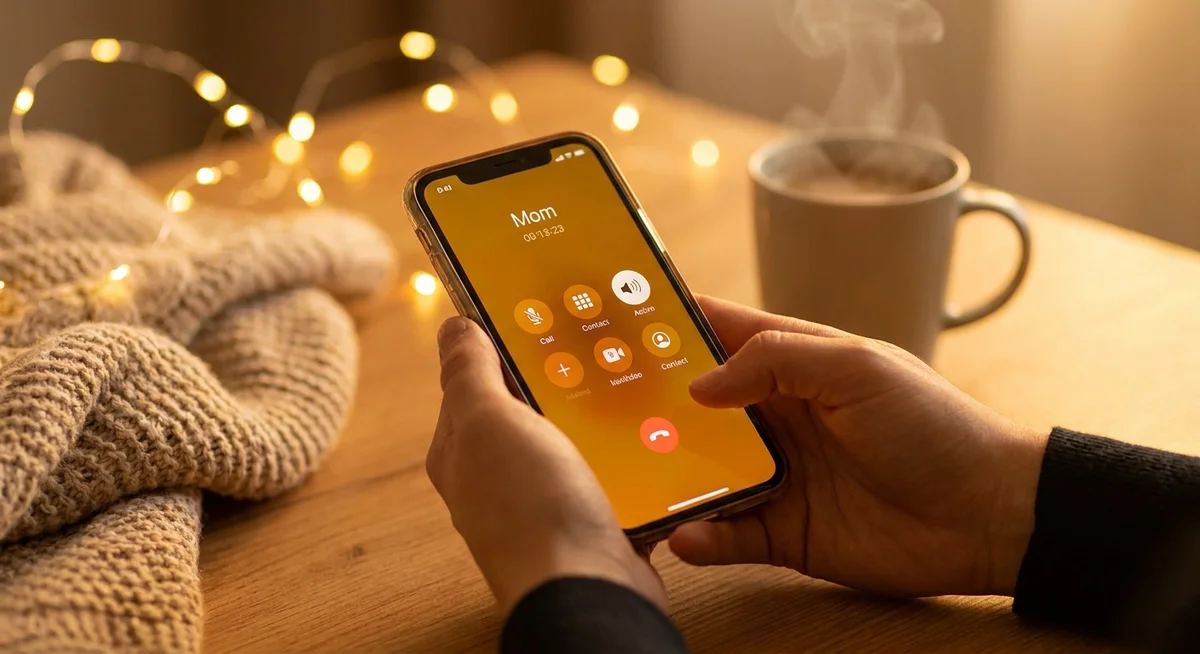 Smartphone showing an active AI friend call with warm amber screen glow