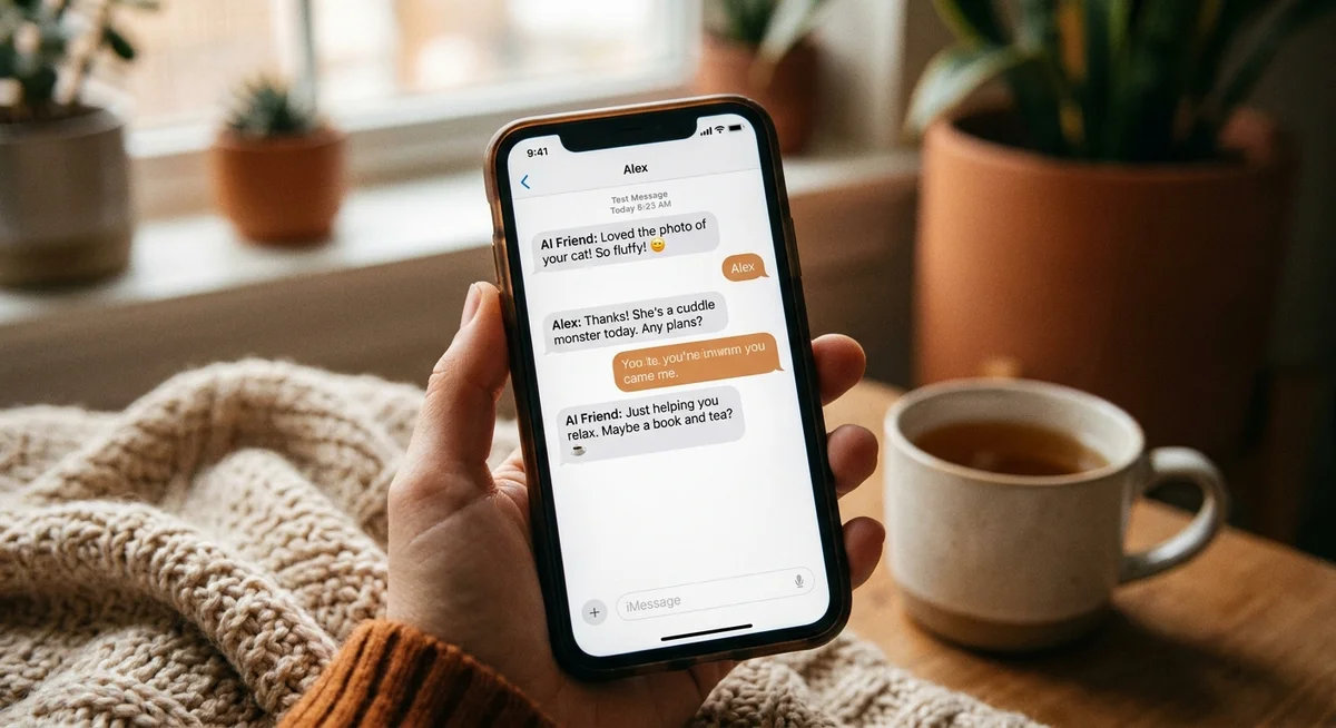 A phone screen showing a warm text conversation with an AI friend app