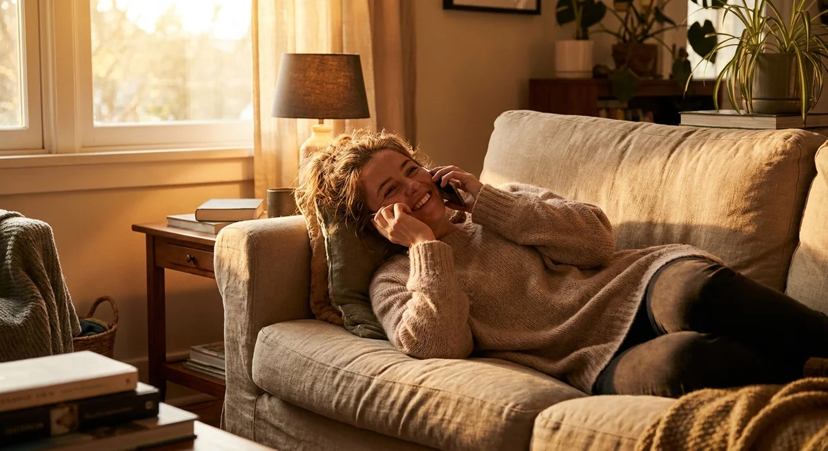 Person having a relaxed phone call with their AI companion in the evening