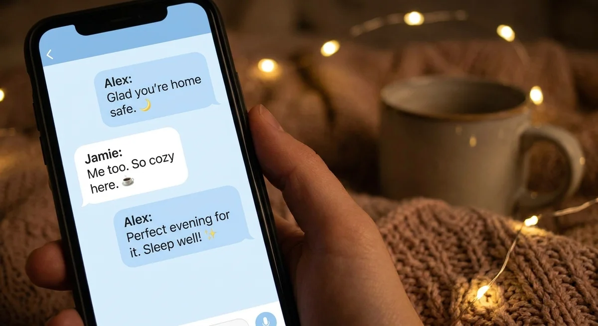 A warm chat conversation on a phone screen in a quiet, dimly lit room