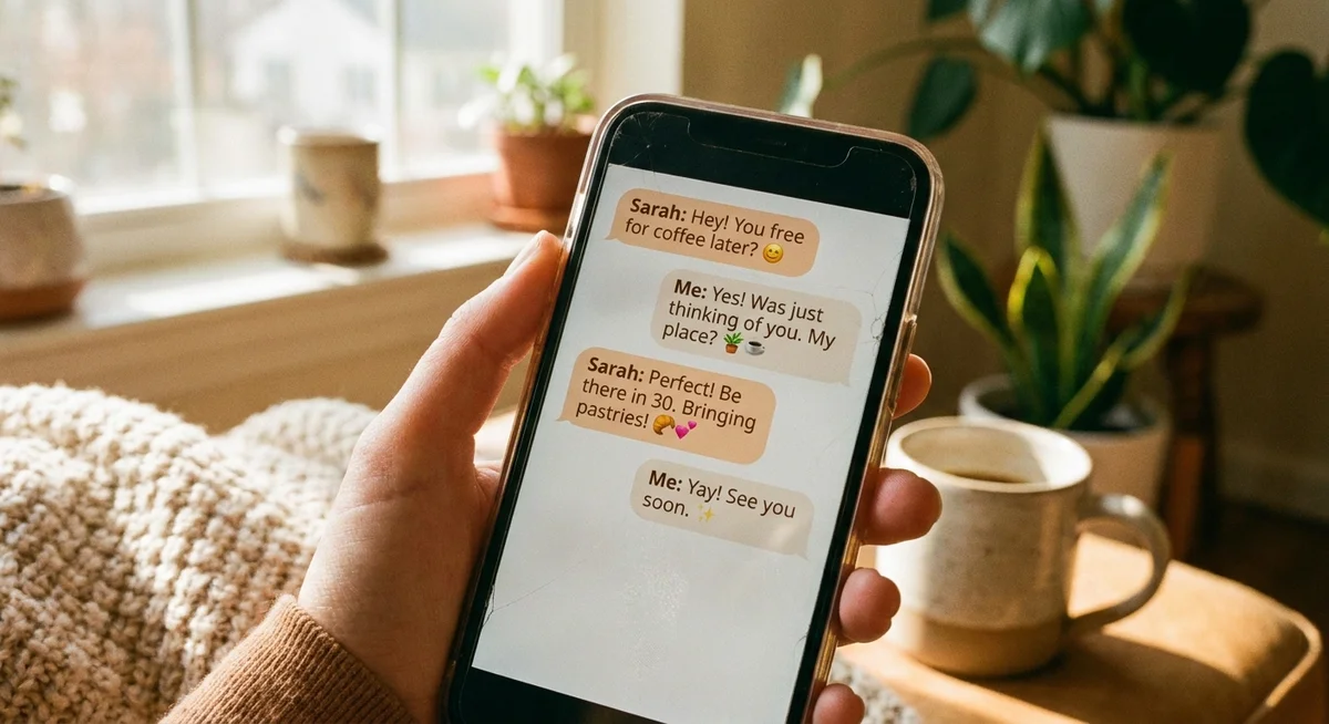 Casual AI friend app chat on a phone screen during a slow afternoon
