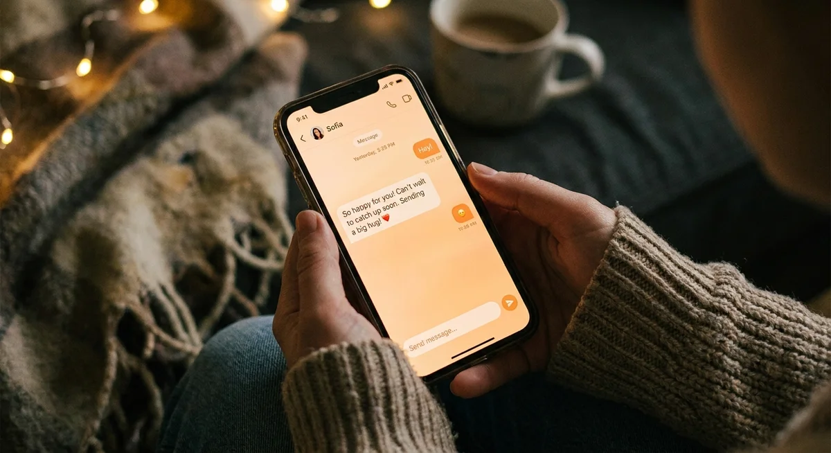 Person holding a phone showing an AI friend chat conversation in warm low light