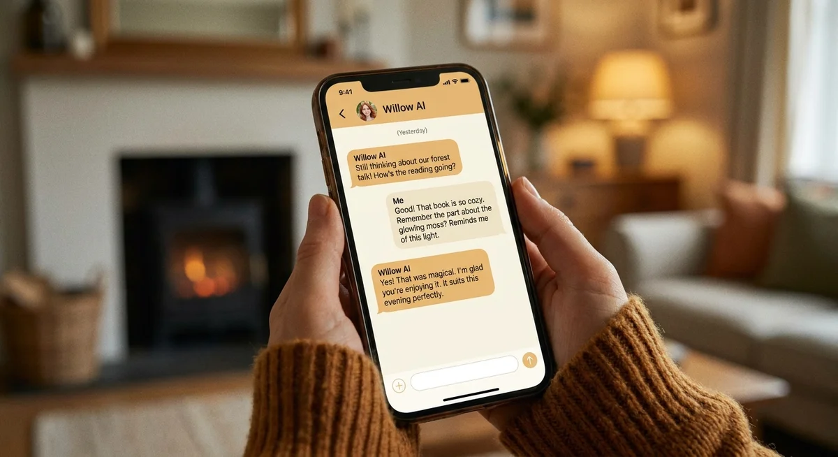 Phone screen showing an AI friend app conversation that references a previous chat, illustrating persistent memory