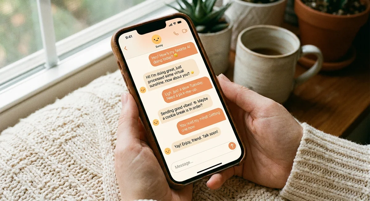 Example text conversation in an AI friend app showing casual back-and-forth messages