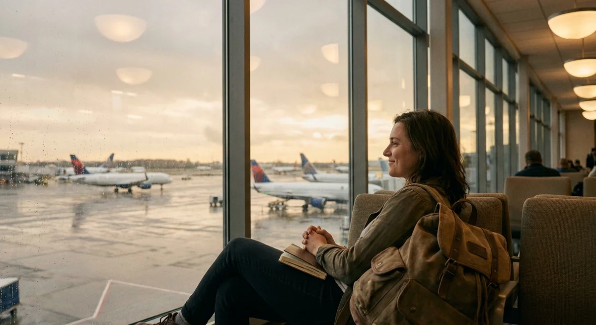 Solo traveler sitting at an airport gate during a layover, backpack beside them, planes visible through large windows