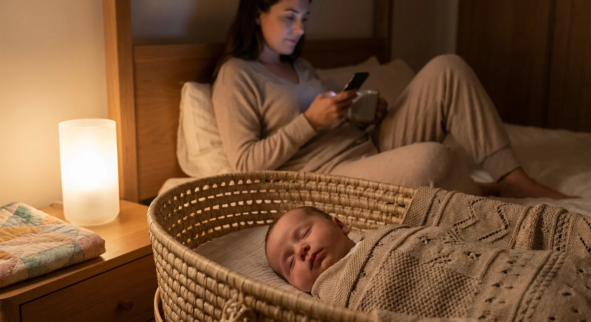 New mom on her phone while baby sleeps in a bassinet beside her