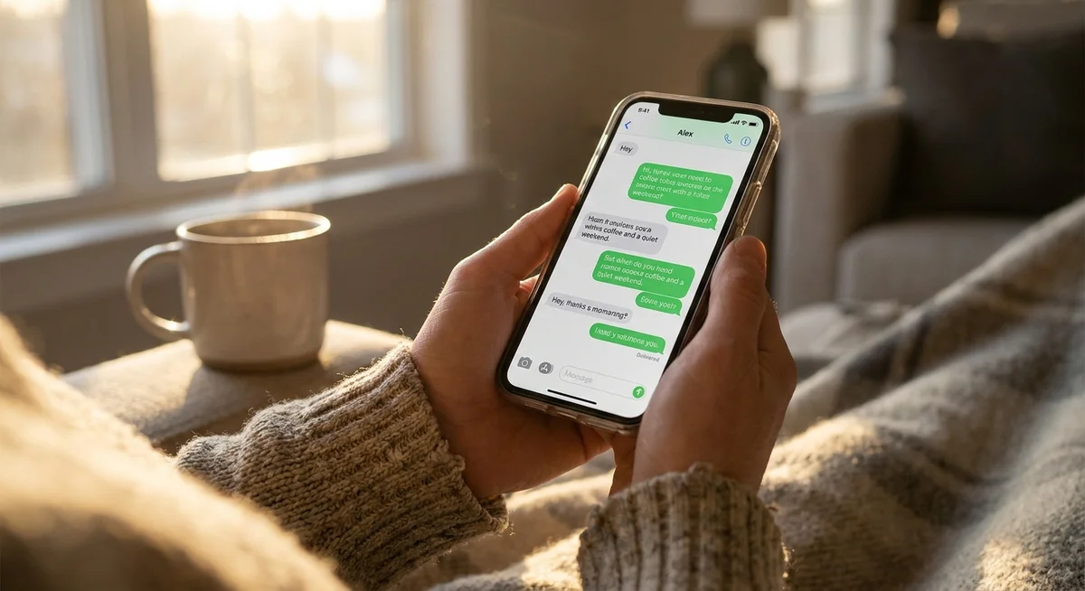 Person practicing conversation on a smartphone in a warm, relaxed home setting