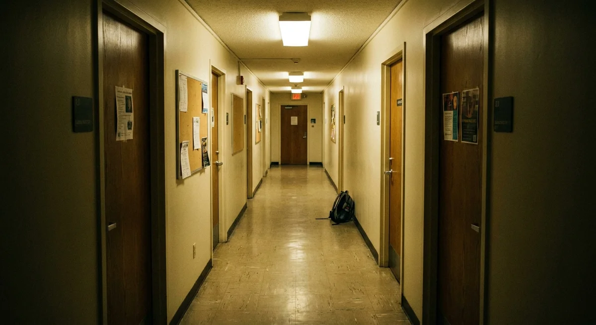 Empty college dorm hallway on a quiet evening