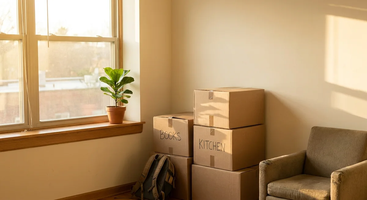 Bare apartment with moving boxes shortly after a move to a new city