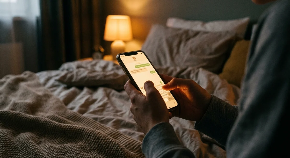 Person messaging an AI friend app late at night while grieving