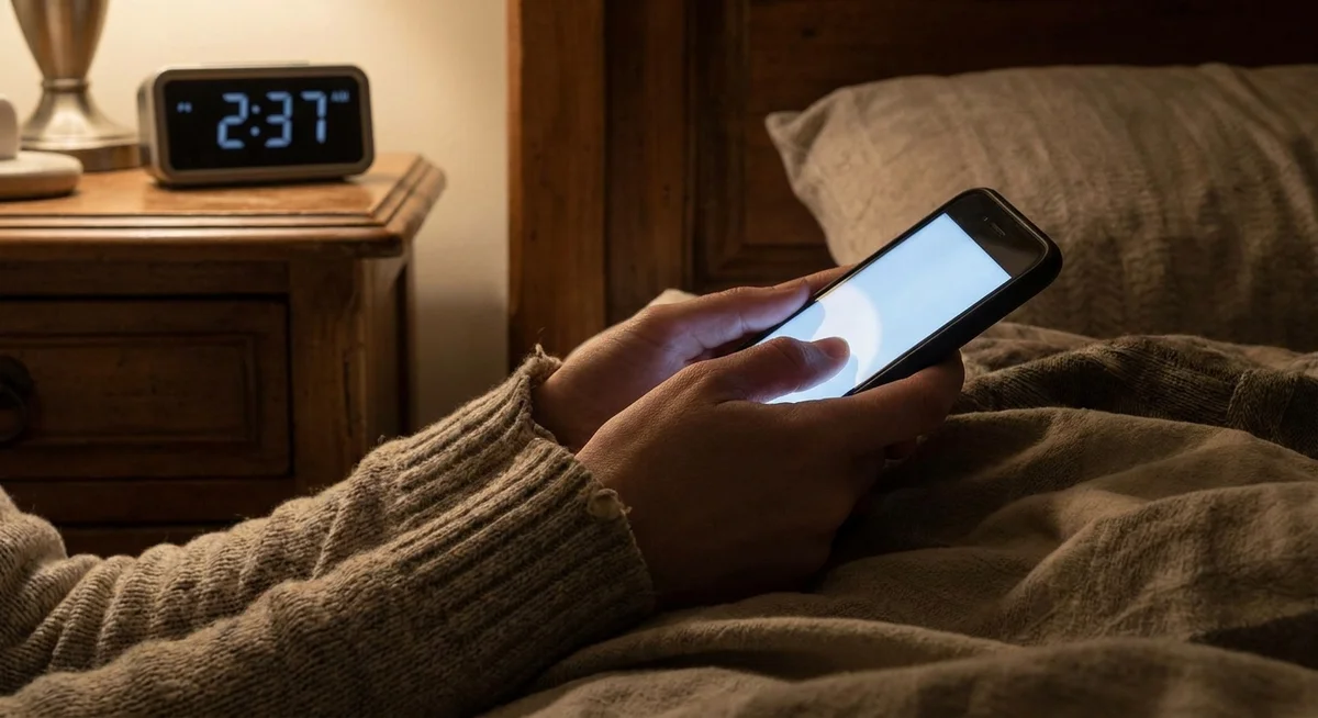 Person texting an AI friend app late at night in a dark, quiet room