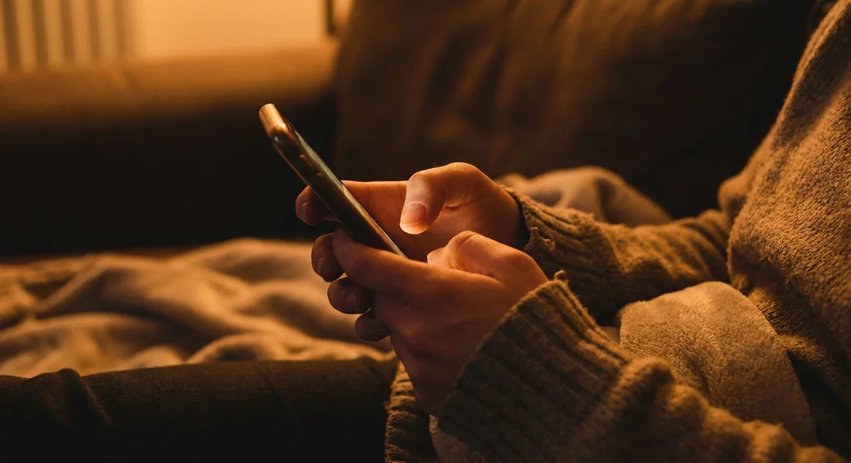 Person typing a message to an AI friend app late at night in a dark bedroom