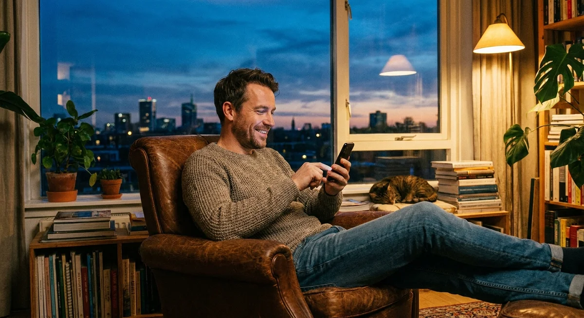 Man relaxing at home in the evening, using an AI friend app on his phone