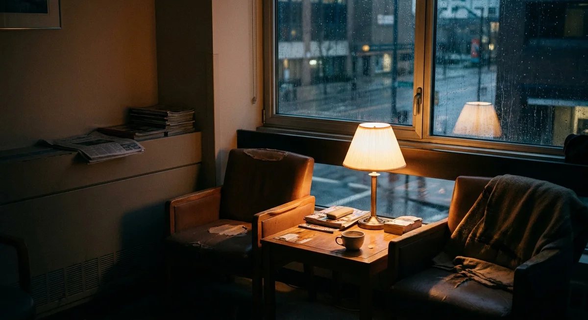 Empty break room at night with soft lamp light and a coffee cup on the table