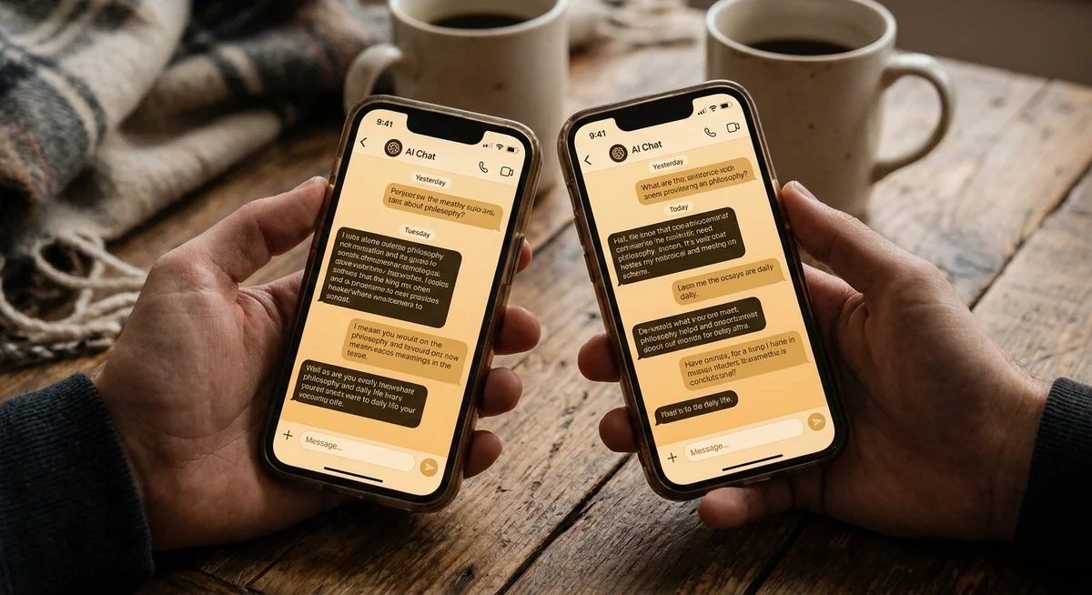 Two smartphone screens showing an ongoing AI friend conversation that picks up across multiple days