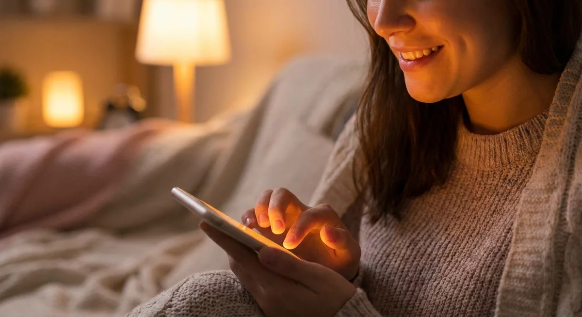 Person using a phone chat app in the evening, screen glow illuminating their face