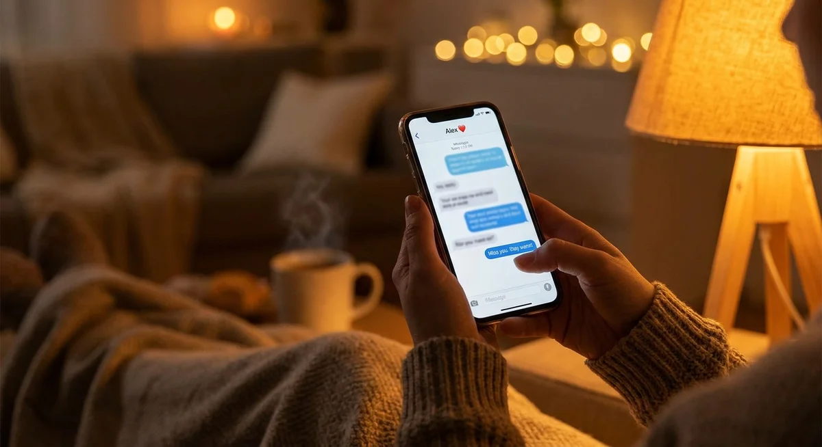 Person typing a message in an AI friend chat app, warm ambient light