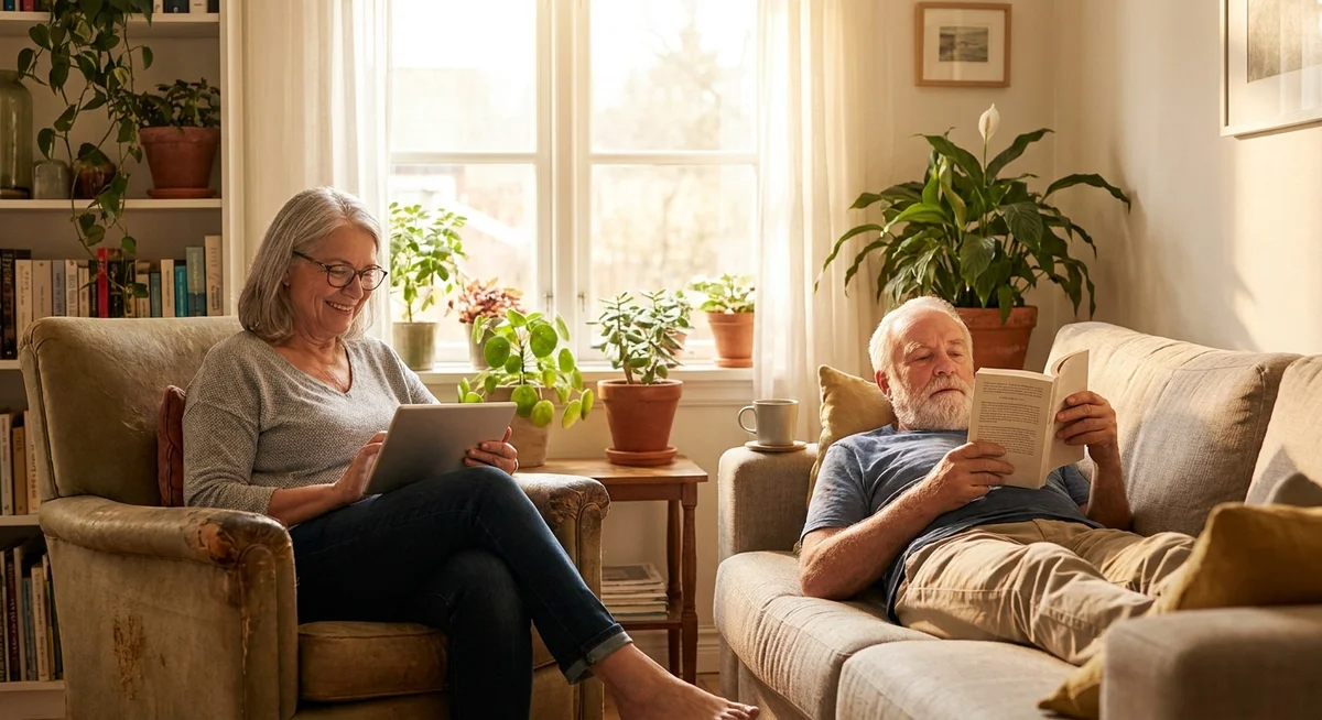 Retired couple spending a quiet afternoon at home, each engaged in their own activity