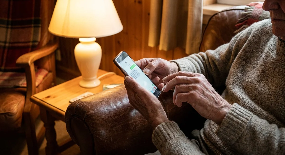 Older adult using a smartphone to chat with an AI friend app